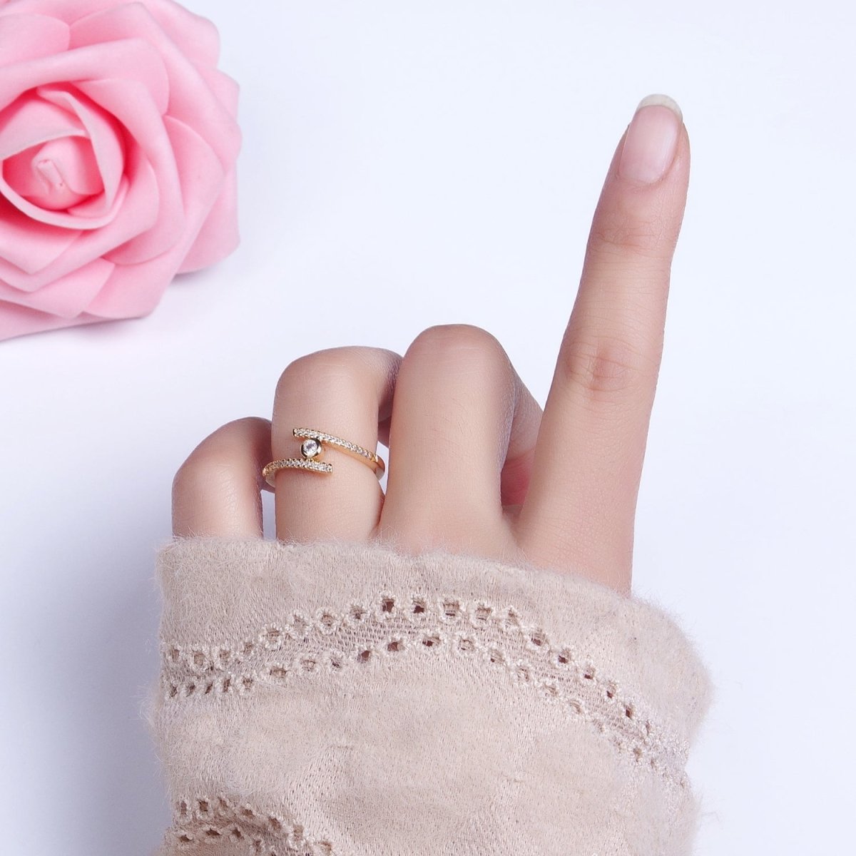 16K Gold plated Linear Double Micro Paved Band Adjustable Ring in Gold & Silver | O-1916 O-1917 - DLUXCA