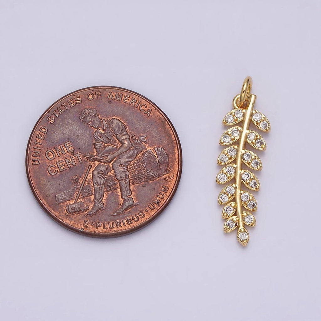 16K Gold plated Long Leaf Palm Olive Micro Paved CZ Charm in Gold & Silver | AC1079 AC1080