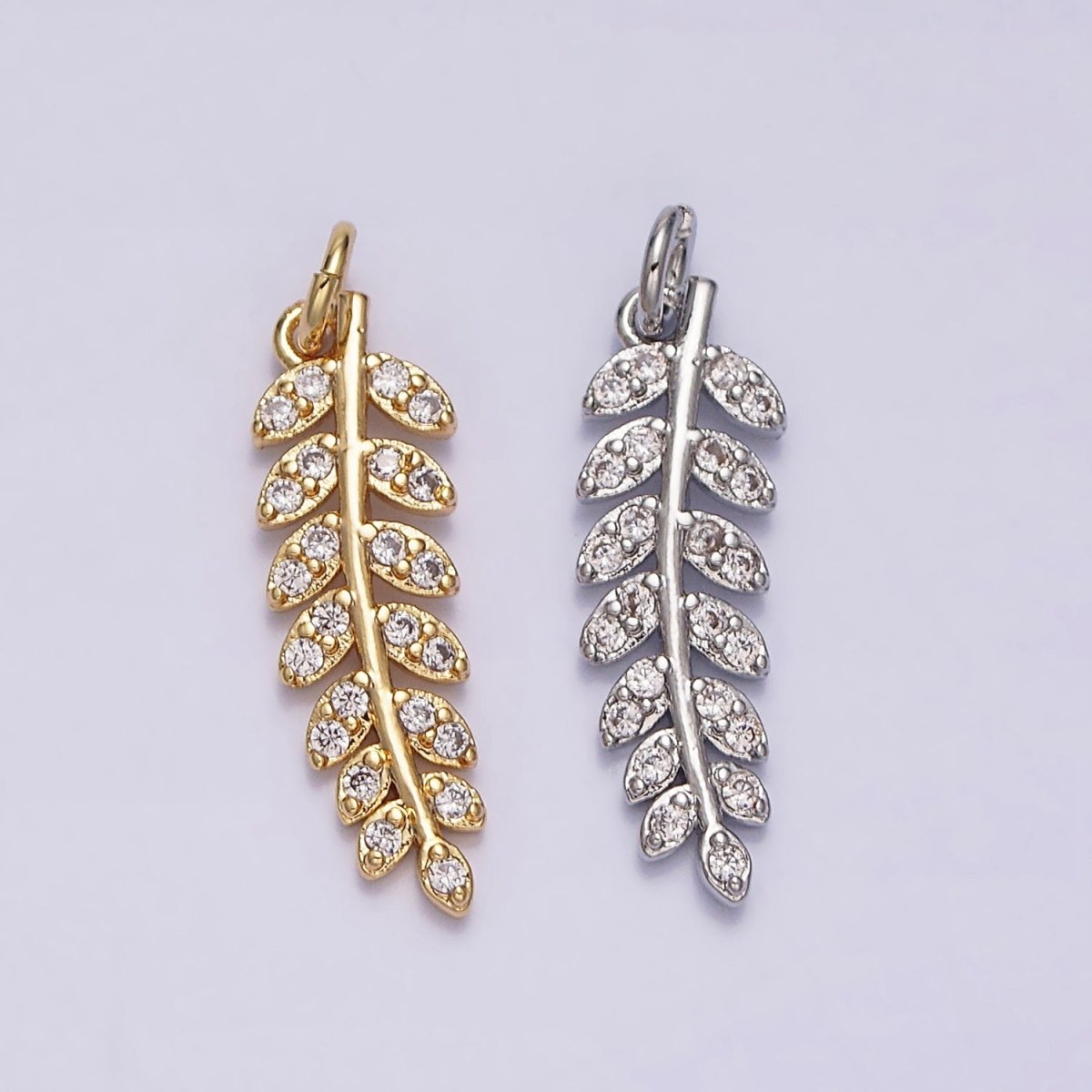 16K Gold plated Long Leaf Palm Olive Micro Paved CZ Charm in Gold & Silver | AC1079 AC1080