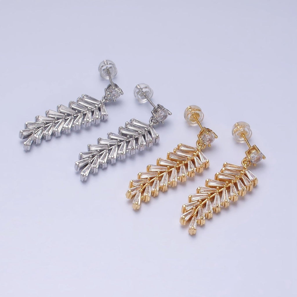 16K Gold plated Long Majesty Palm Leaf Olive Baguette Drop Stud Earrings in Gold & Silver | AD818 AD819