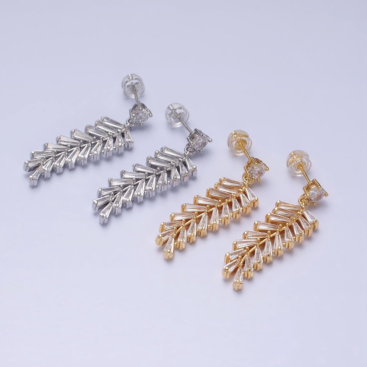 16K Gold plated Long Majesty Palm Leaf Olive Baguette Drop Stud Earrings in Gold & Silver | AD818 AD819