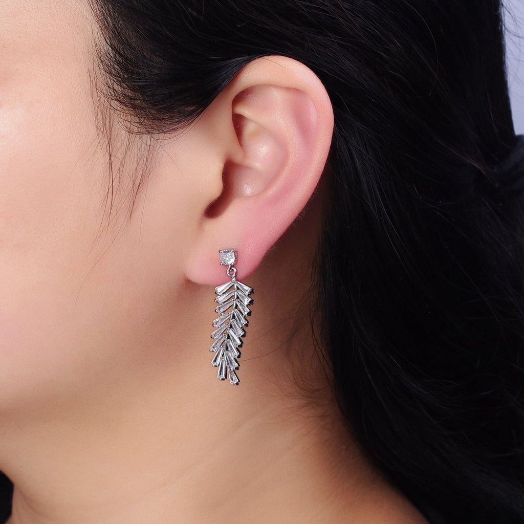 16K Gold plated Long Majesty Palm Leaf Olive Baguette Drop Stud Earrings in Gold & Silver | AD818 AD819
