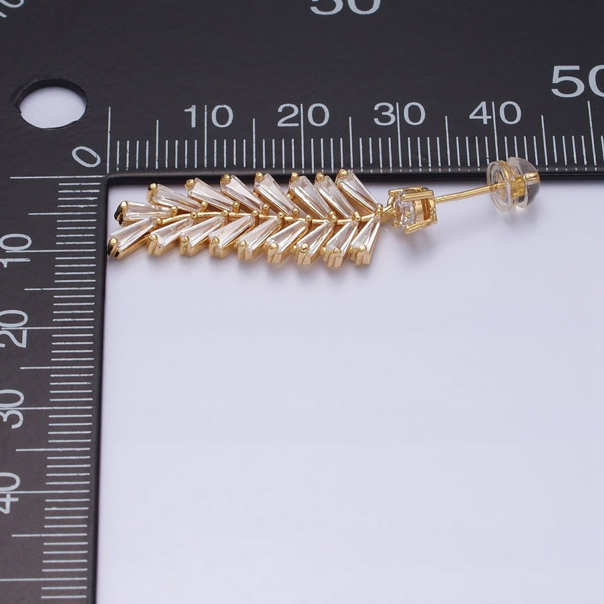 16K Gold plated Long Majesty Palm Leaf Olive Baguette Drop Stud Earrings in Gold & Silver | AD818 AD819