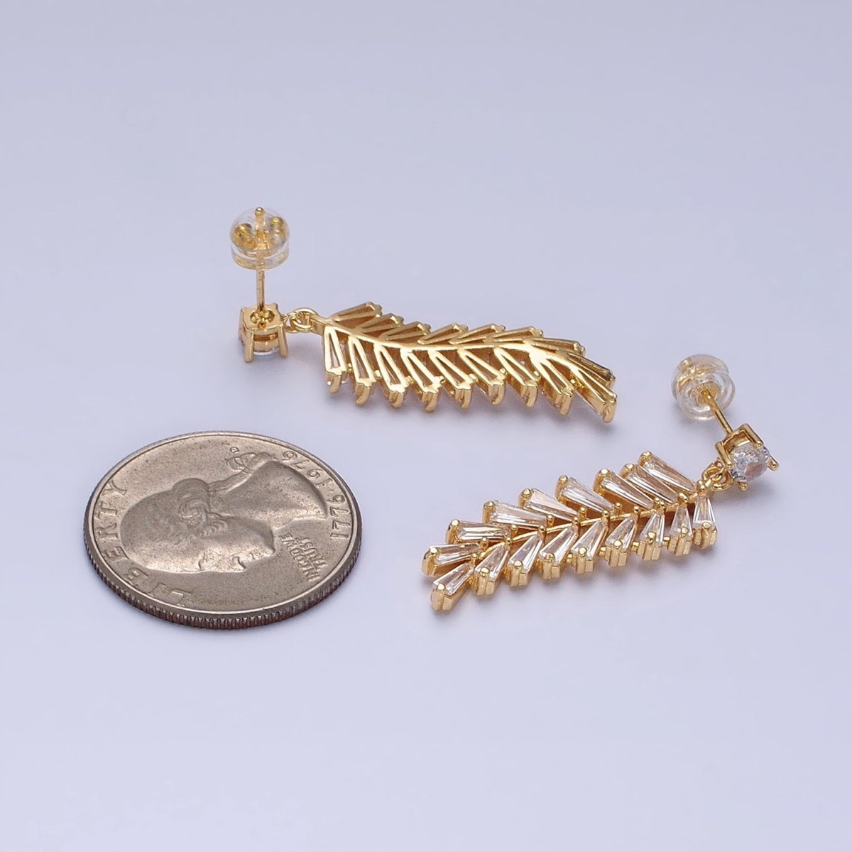 16K Gold plated Long Majesty Palm Leaf Olive Baguette Drop Stud Earrings in Gold & Silver | AD818 AD819