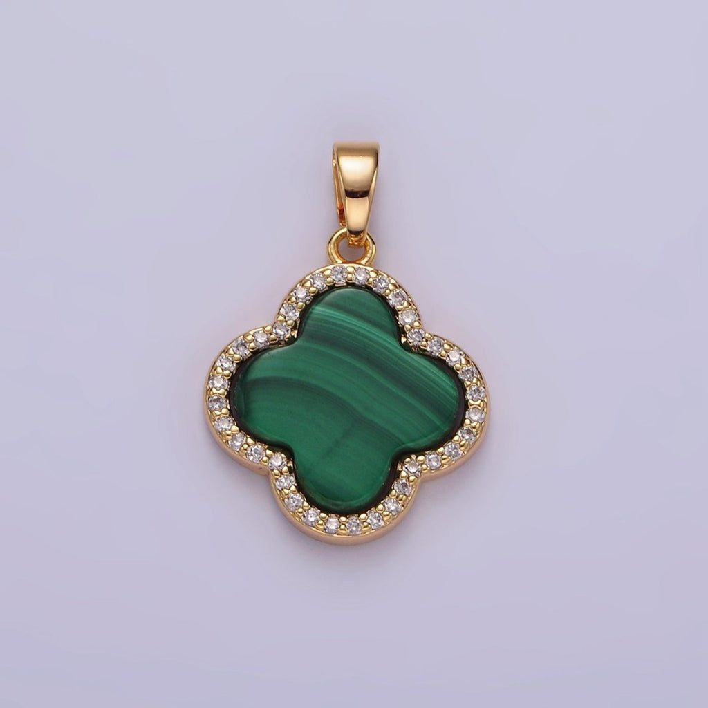 16K Gold plated Malachite Micro Paved CZ Quatrefoil Pendant | N1915 - DLUXCA
