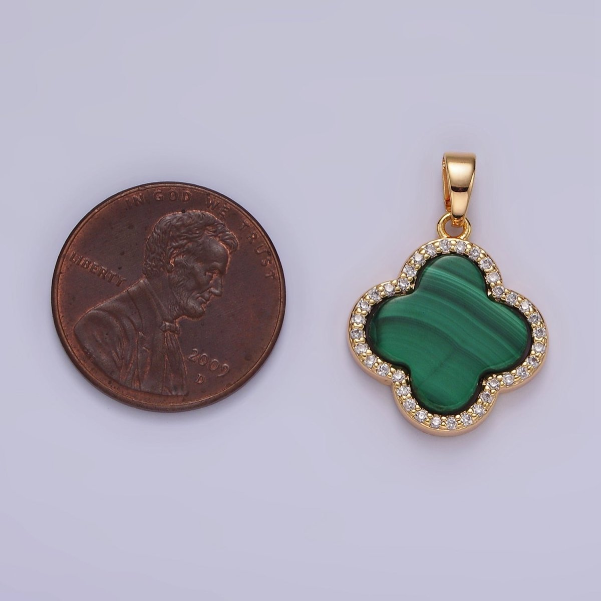 16K Gold plated Malachite Micro Paved CZ Quatrefoil Pendant | N1915 - DLUXCA