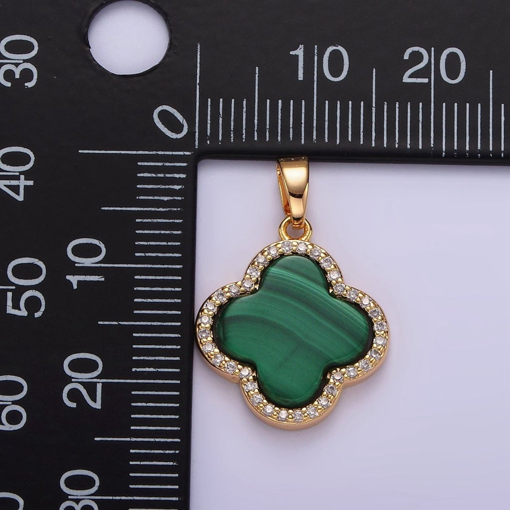 16K Gold plated Malachite Micro Paved CZ Quatrefoil Pendant | N1915 - DLUXCA