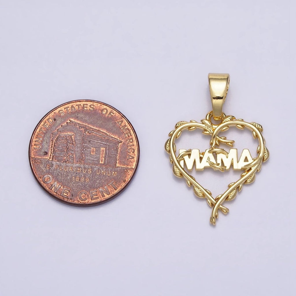 16K Gold plated "MAMA" Script Olive Vine Leaf Open Heart Pendant | AC1328 - DLUXCA