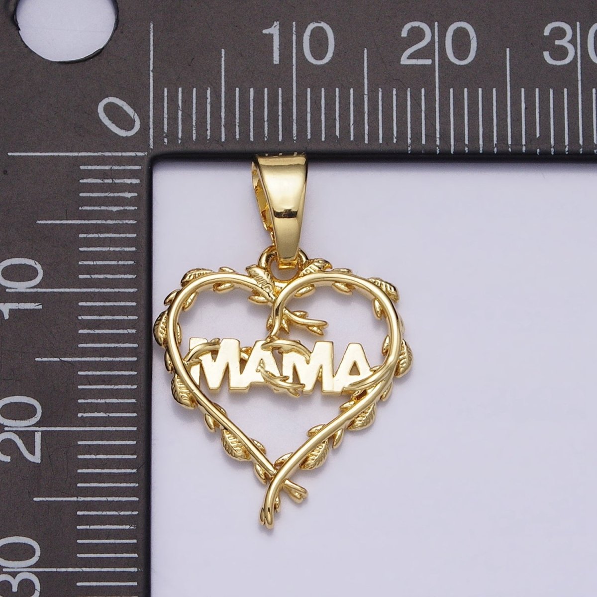 16K Gold plated "MAMA" Script Olive Vine Leaf Open Heart Pendant | AC1328 - DLUXCA