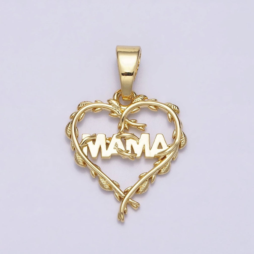 16K Gold plated "MAMA" Script Olive Vine Leaf Open Heart Pendant | AC1328 - DLUXCA