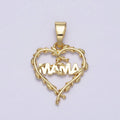 16K Gold plated "MAMA" Script Olive Vine Leaf Open Heart Pendant | AC1328 - DLUXCA