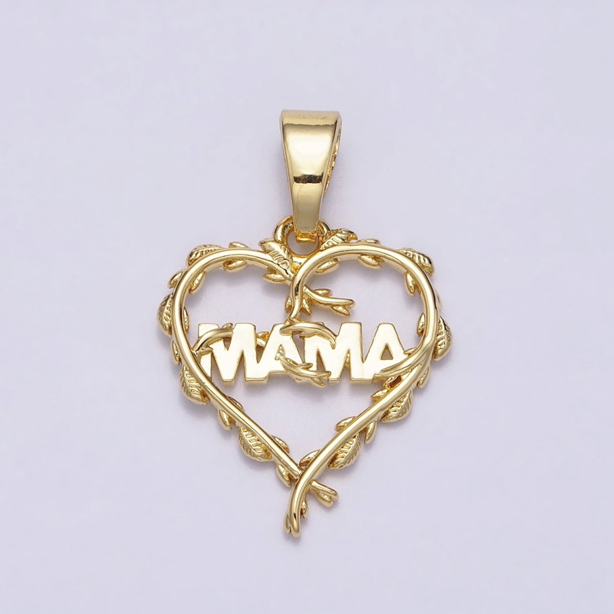 16K Gold plated "MAMA" Script Olive Vine Leaf Open Heart Pendant | AC1328 - DLUXCA