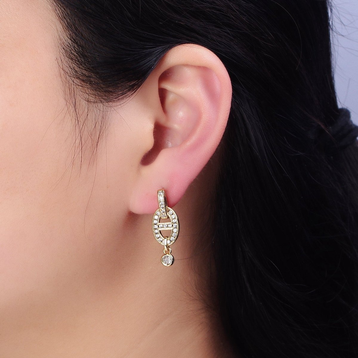 16K Gold plated Mariner Anchor Link Micro Paved Clear CZ Drop Bar Stud Earrings in Gold & Silver | AD829 AD830 - DLUXCA