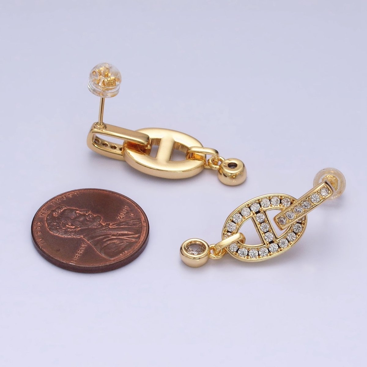16K Gold plated Mariner Anchor Link Micro Paved Clear CZ Drop Bar Stud Earrings in Gold & Silver | AD829 AD830 - DLUXCA