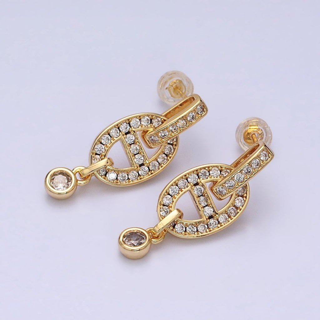 16K Gold plated Mariner Anchor Link Micro Paved Clear CZ Drop Bar Stud Earrings in Gold & Silver | AD829 AD830 - DLUXCA