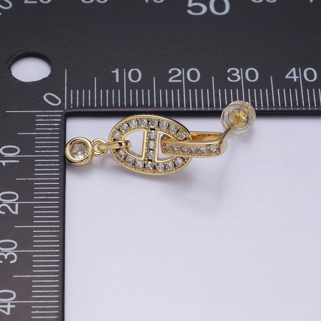 16K Gold plated Mariner Anchor Link Micro Paved Clear CZ Drop Bar Stud Earrings in Gold & Silver | AD829 AD830 - DLUXCA