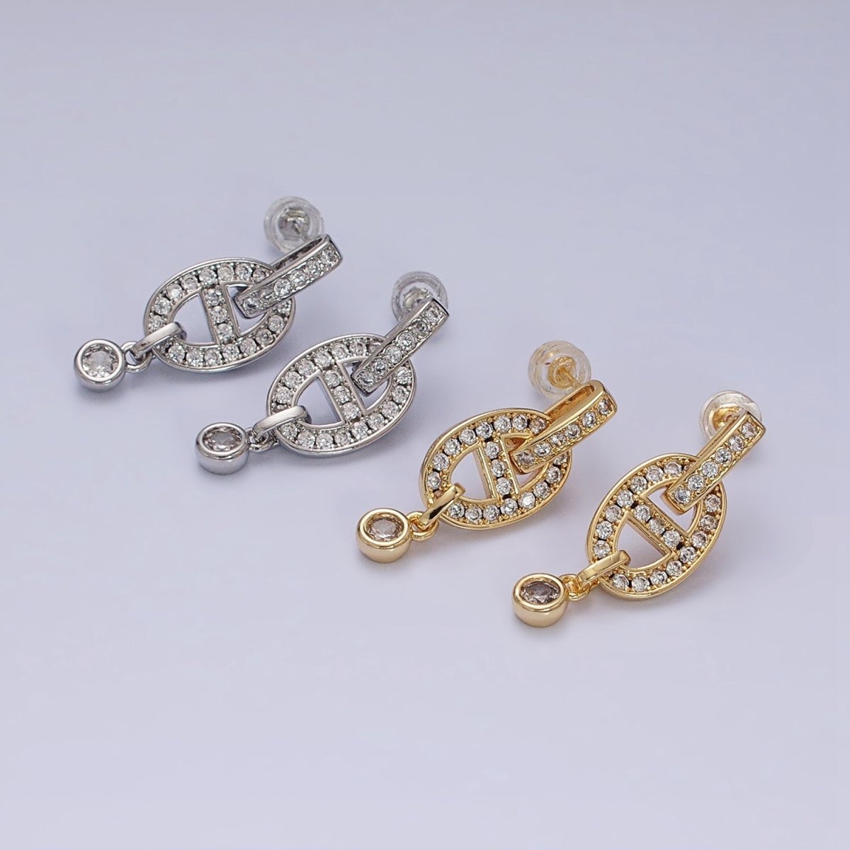 16K Gold plated Mariner Anchor Link Micro Paved Clear CZ Drop Bar Stud Earrings in Gold & Silver | AD829 AD830 - DLUXCA