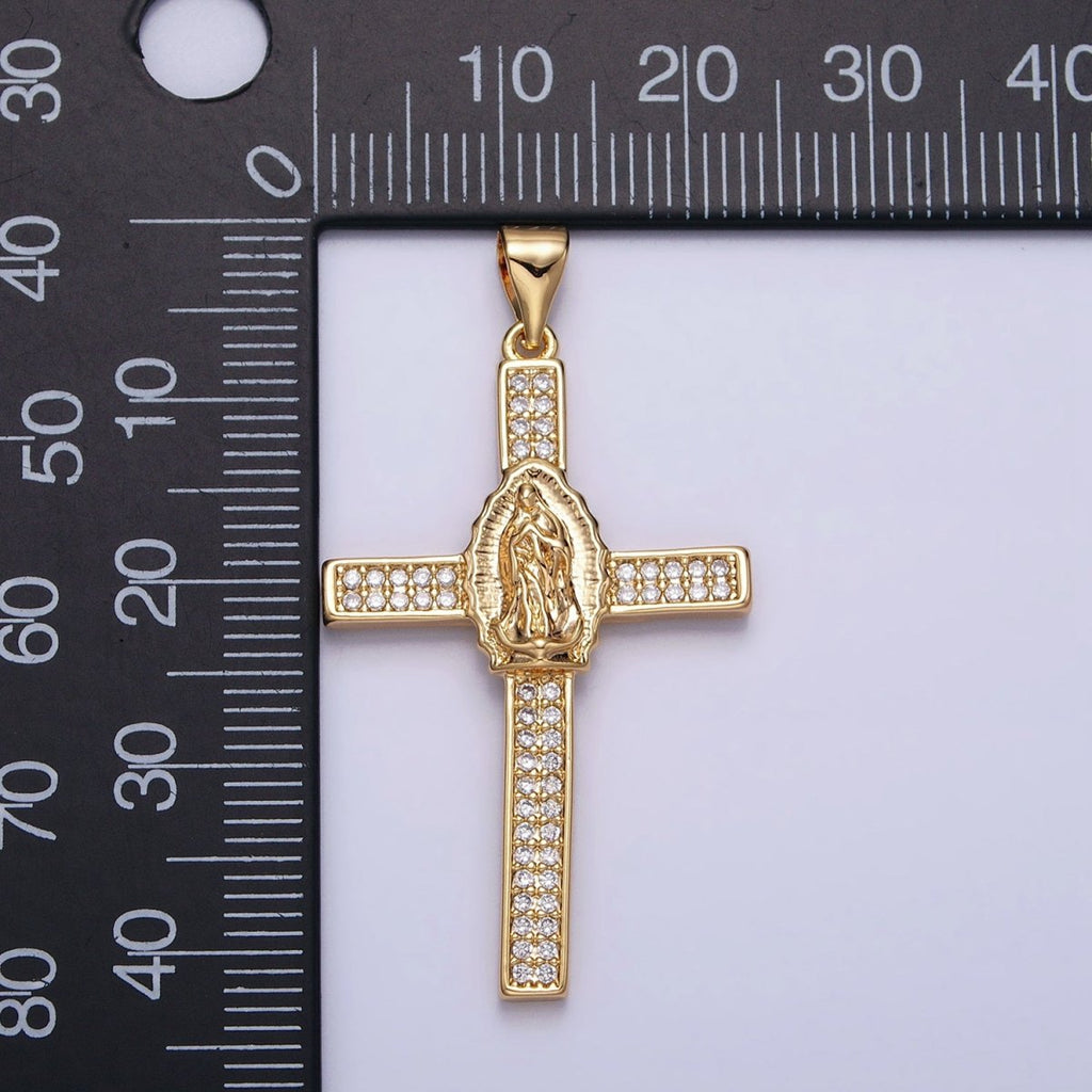 16K Gold plated Mary Lady Guadalupe Cross Clear CZ Micro Paved Pendant in Gold & Silver | AA507 AA508