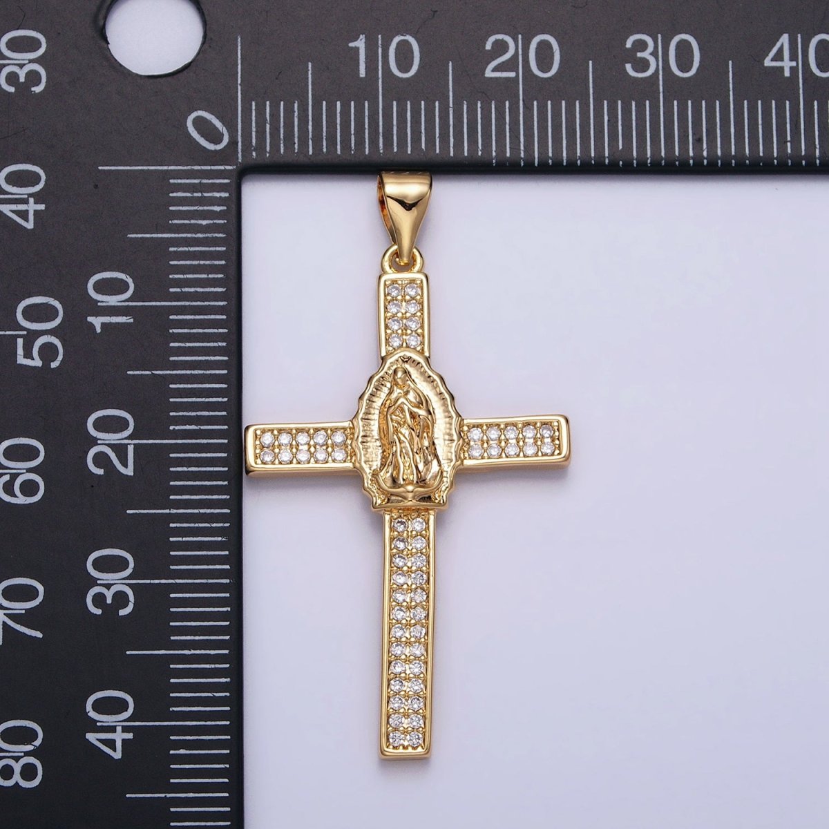 16K Gold plated Mary Lady Guadalupe Cross Clear CZ Micro Paved Pendant in Gold & Silver | AA507 AA508