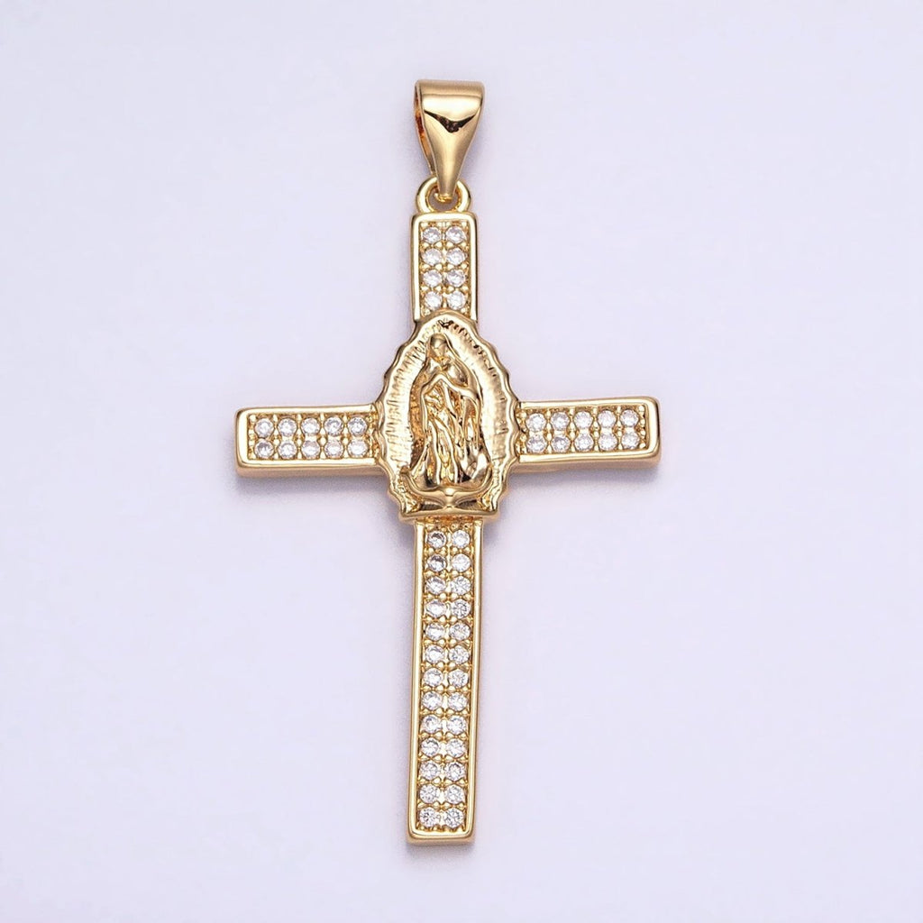16K Gold plated Mary Lady Guadalupe Cross Clear CZ Micro Paved Pendant in Gold & Silver | AA507 AA508