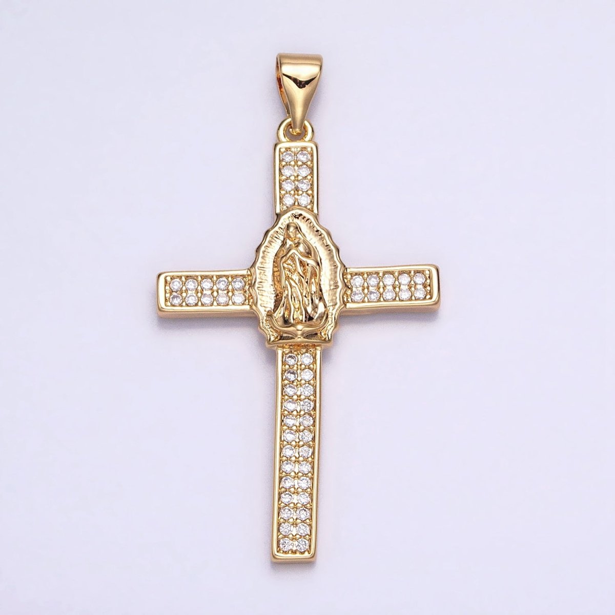 16K Gold plated Mary Lady Guadalupe Cross Clear CZ Micro Paved Pendant in Gold & Silver | AA507 AA508