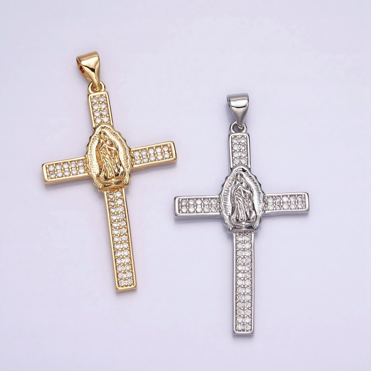 16K Gold plated Mary Lady Guadalupe Cross Clear CZ Micro Paved Pendant in Gold & Silver | AA507 AA508