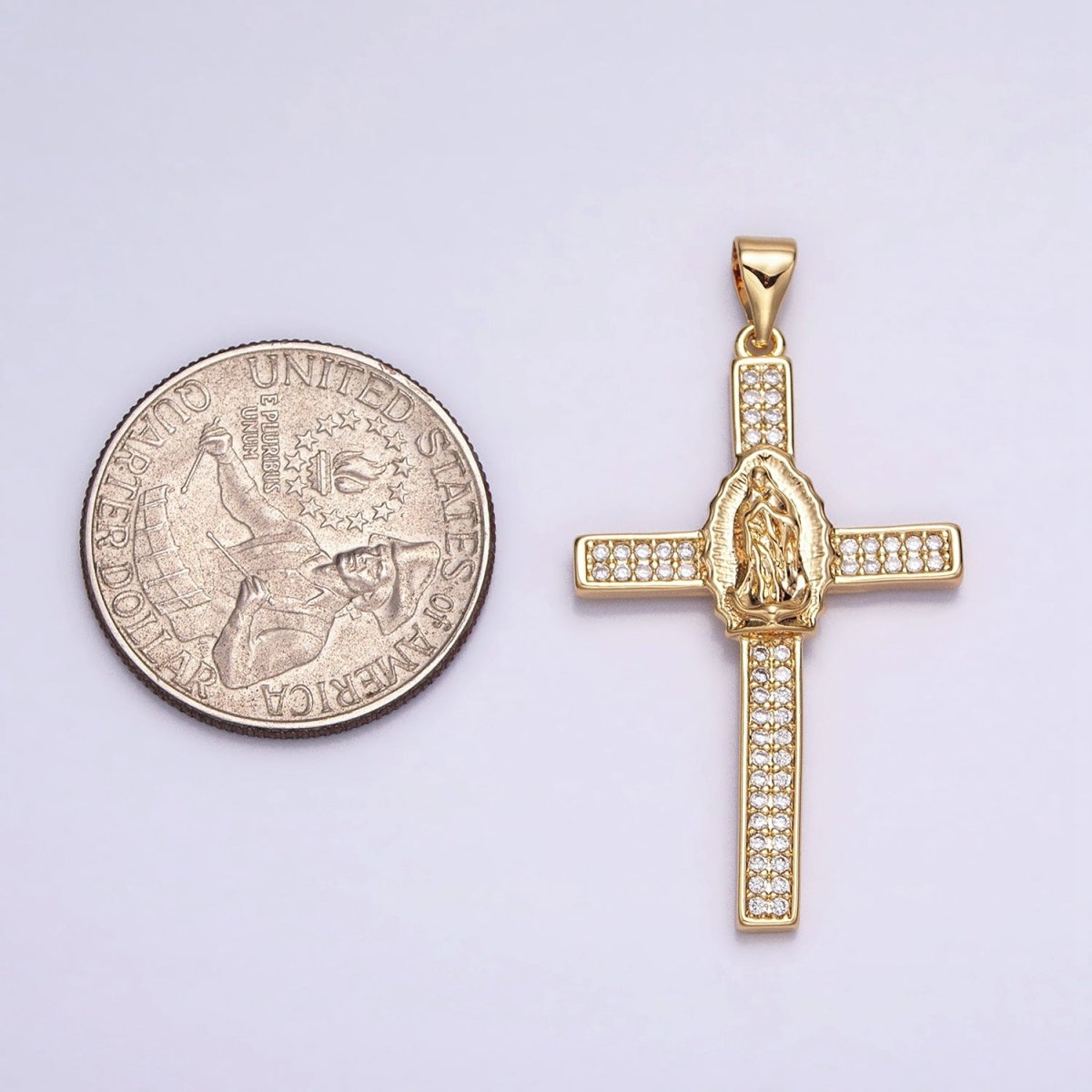 16K Gold plated Mary Lady Guadalupe Cross Clear CZ Micro Paved Pendant in Gold & Silver | AA507 AA508