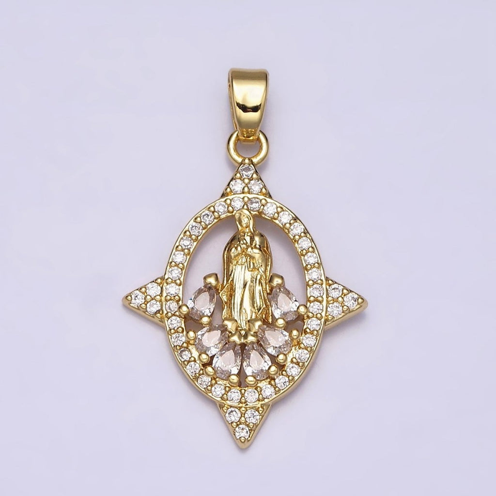 16K Gold plated Mary Lady Guadalupe Multiple Teardrop Micro Paved Spiked Open Oval Pendant | AA482 - DLUXCA