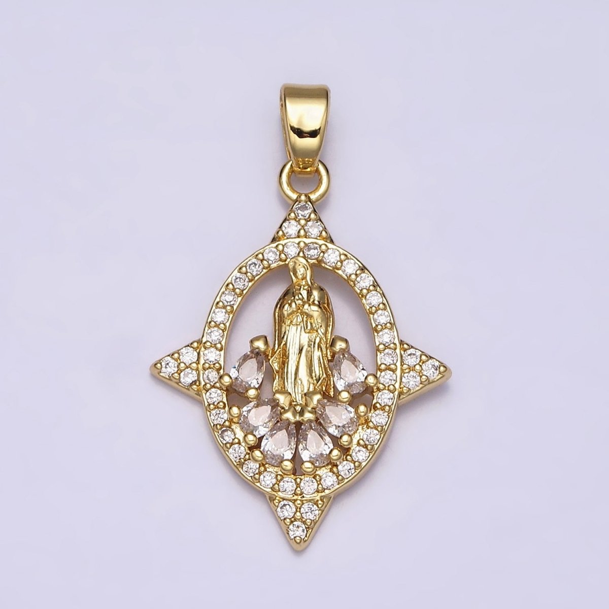 16K Gold plated Mary Lady Guadalupe Multiple Teardrop Micro Paved Spiked Open Oval Pendant | AA482 - DLUXCA
