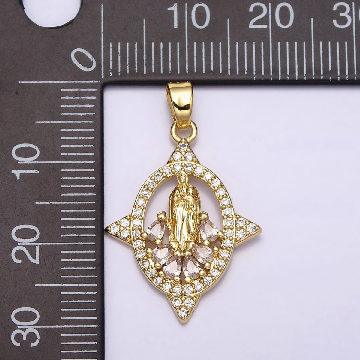 16K Gold plated Mary Lady Guadalupe Multiple Teardrop Micro Paved Spiked Open Oval Pendant | AA482 - DLUXCA