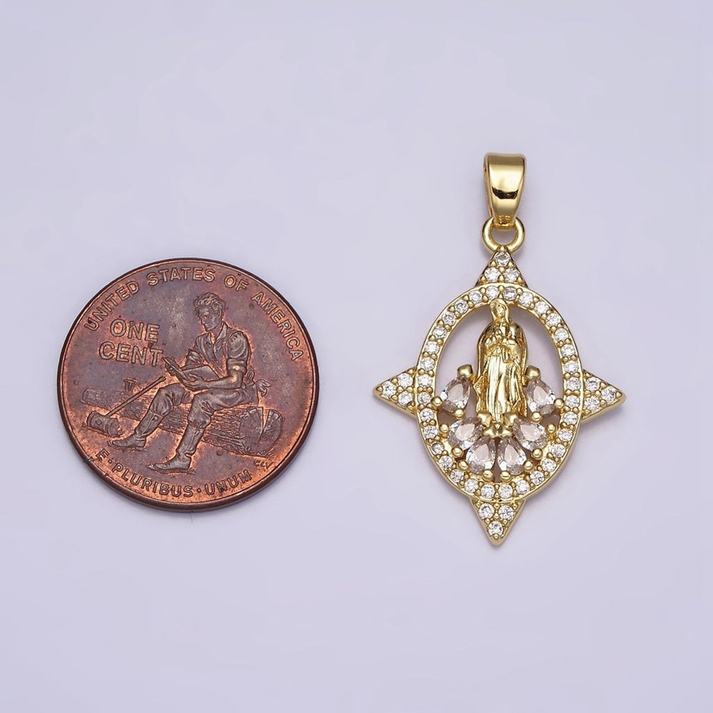 16K Gold plated Mary Lady Guadalupe Multiple Teardrop Micro Paved Spiked Open Oval Pendant | AA482 - DLUXCA