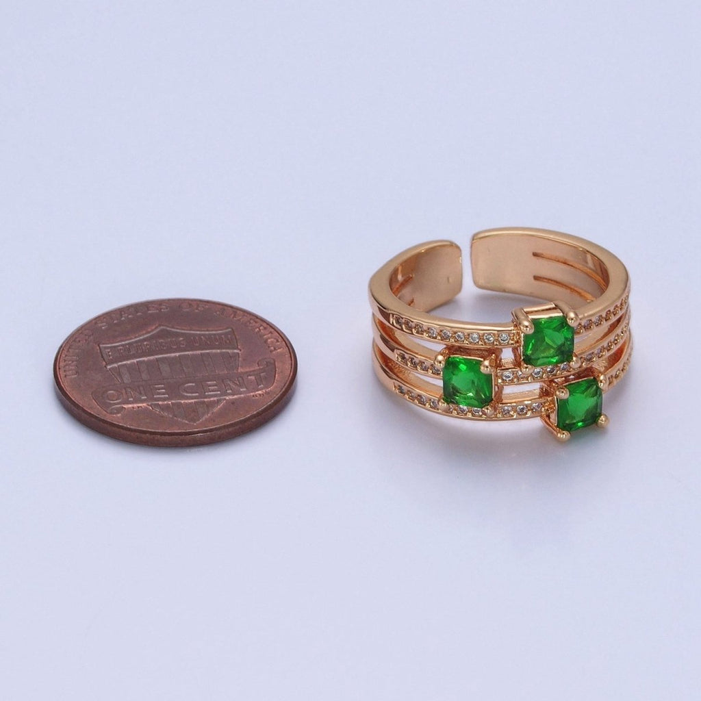 16K Gold plated Micro Pave CZ Triple Band Emerald Green Baguette Square Cubic Zirconia Ring S-232 - DLUXCA