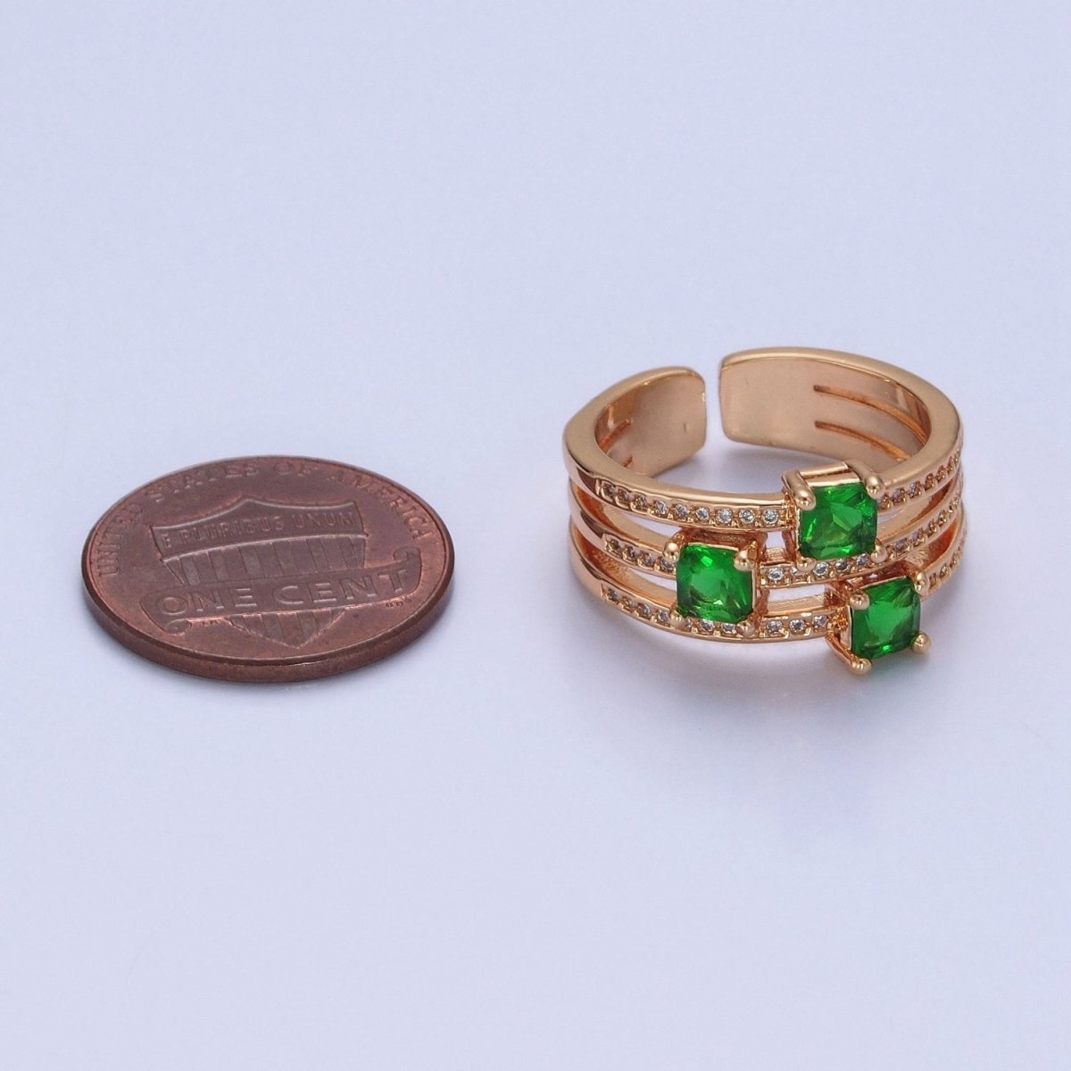 16K Gold plated Micro Pave CZ Triple Band Emerald Green Baguette Square Cubic Zirconia Ring S-232 - DLUXCA
