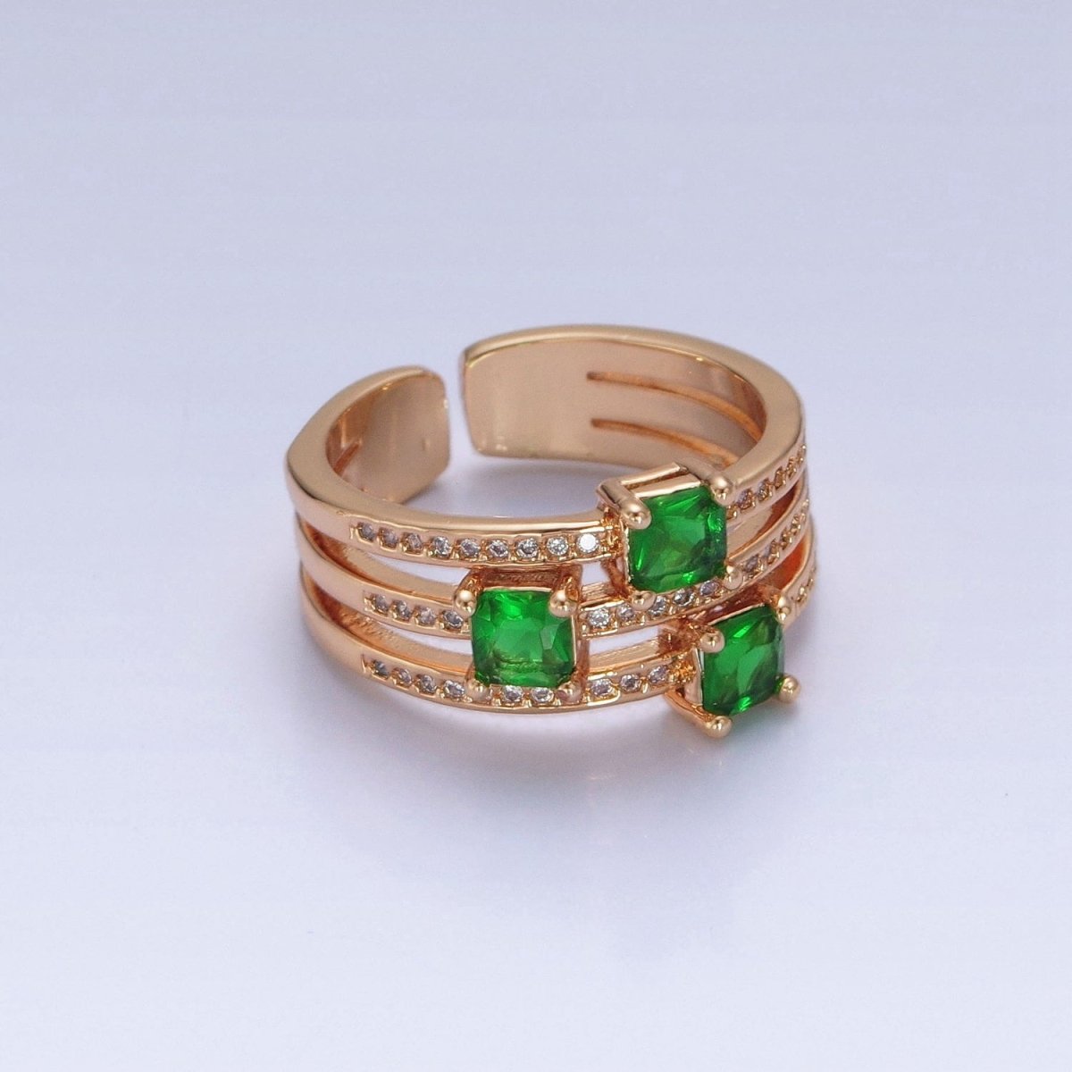 16K Gold plated Micro Pave CZ Triple Band Emerald Green Baguette Square Cubic Zirconia Ring S-232 - DLUXCA