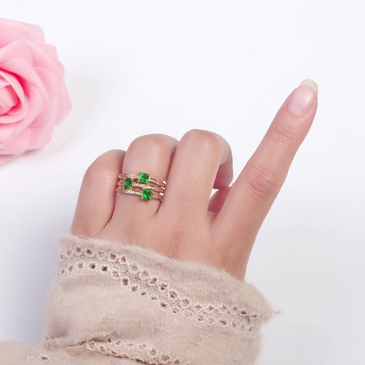 16K Gold plated Micro Pave CZ Triple Band Emerald Green Baguette Square Cubic Zirconia Ring S-232 - DLUXCA