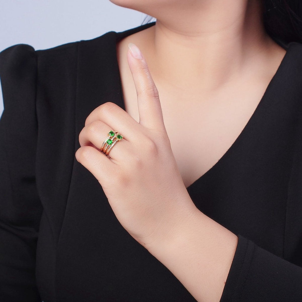 16K Gold plated Micro Pave CZ Triple Band Emerald Green Baguette Square Cubic Zirconia Ring S-232 - DLUXCA