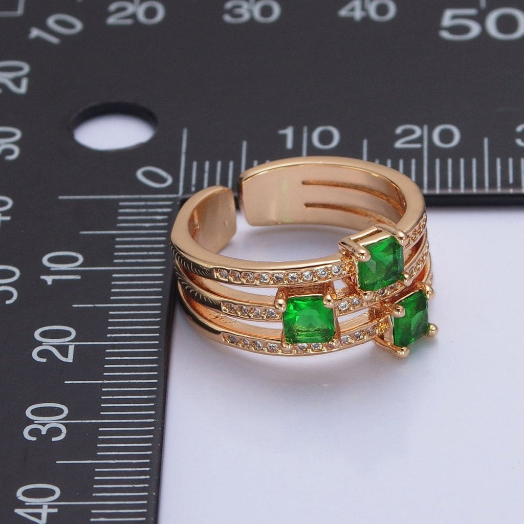 16K Gold plated Micro Pave CZ Triple Band Emerald Green Baguette Square Cubic Zirconia Ring S-232 - DLUXCA