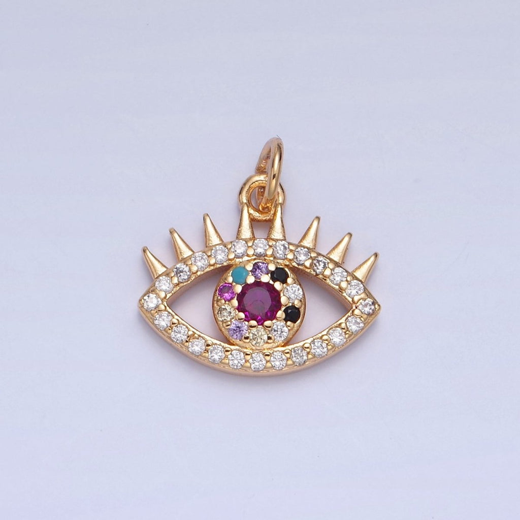 16K Gold plated Micro Pave Evil Eye Charm, Multicolor Round Cubic Zirconia Eye of Ra Protection Pendant For Jewelry Making X-040 - DLUXCA