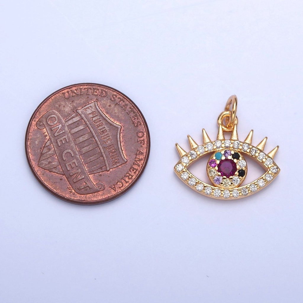 16K Gold plated Micro Pave Evil Eye Charm, Multicolor Round Cubic Zirconia Eye of Ra Protection Pendant For Jewelry Making X-040 - DLUXCA