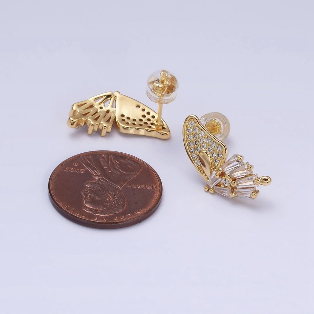 16K Gold plated Micro Paved Baguette Butterfly Wings Set Stud Earrings | AD1229 - DLUXCA