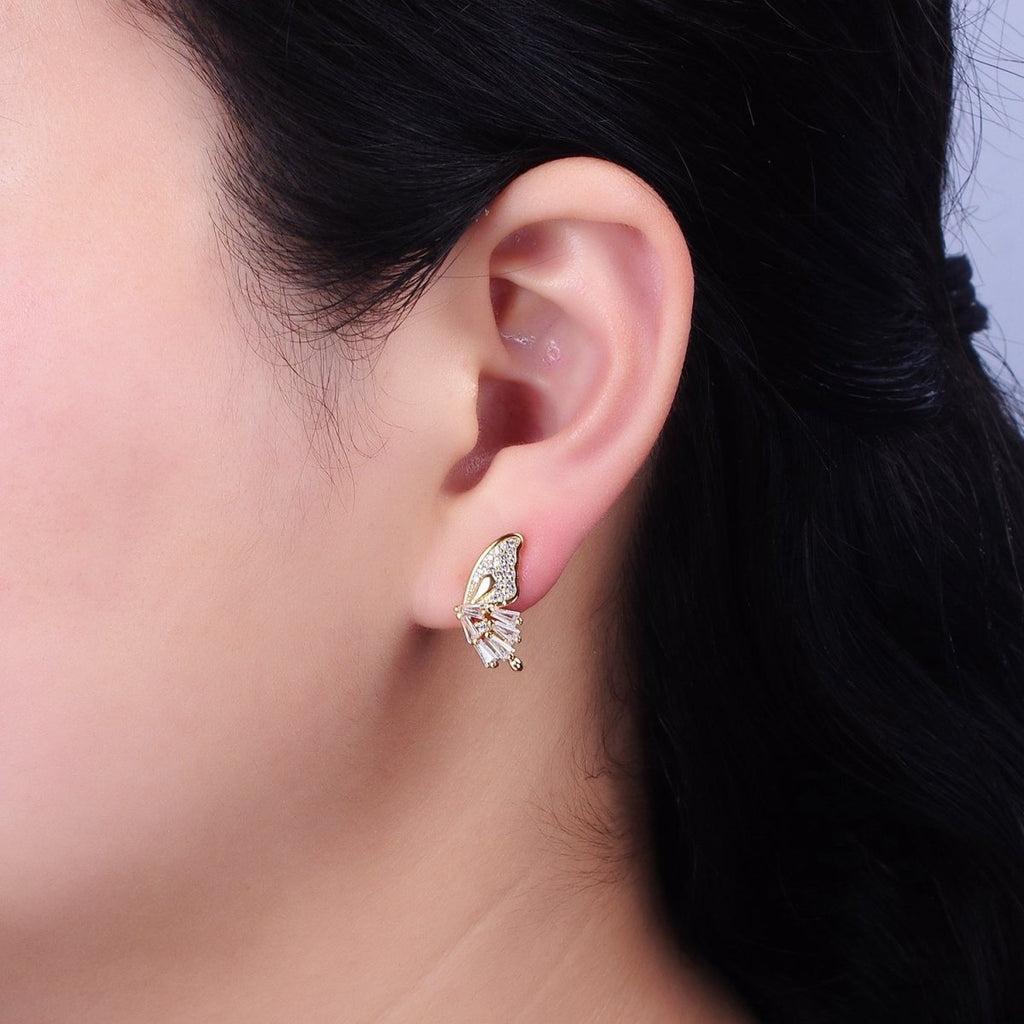 16K Gold plated Micro Paved Baguette Butterfly Wings Set Stud Earrings | AD1229 - DLUXCA