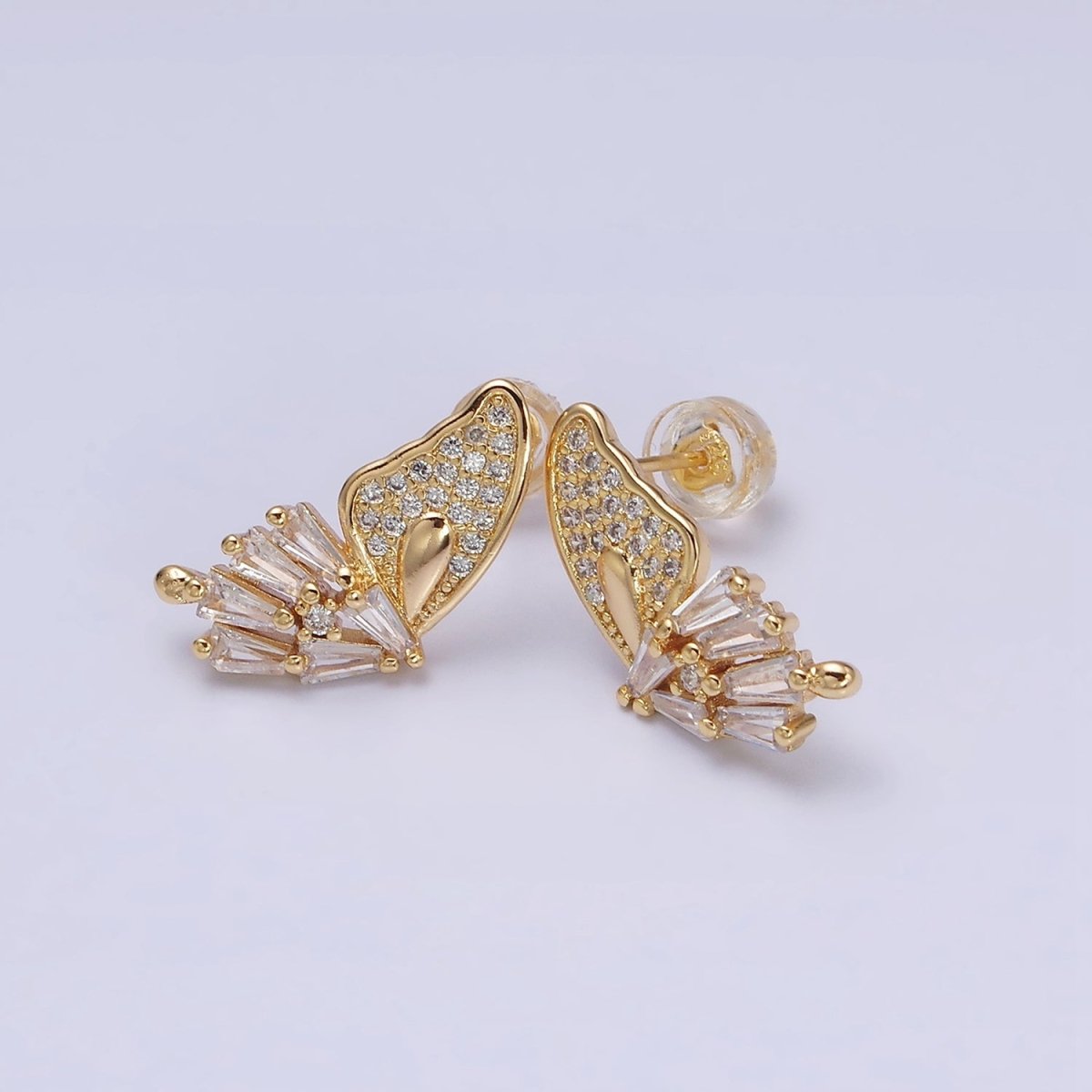 16K Gold plated Micro Paved Baguette Butterfly Wings Set Stud Earrings | AD1229 - DLUXCA