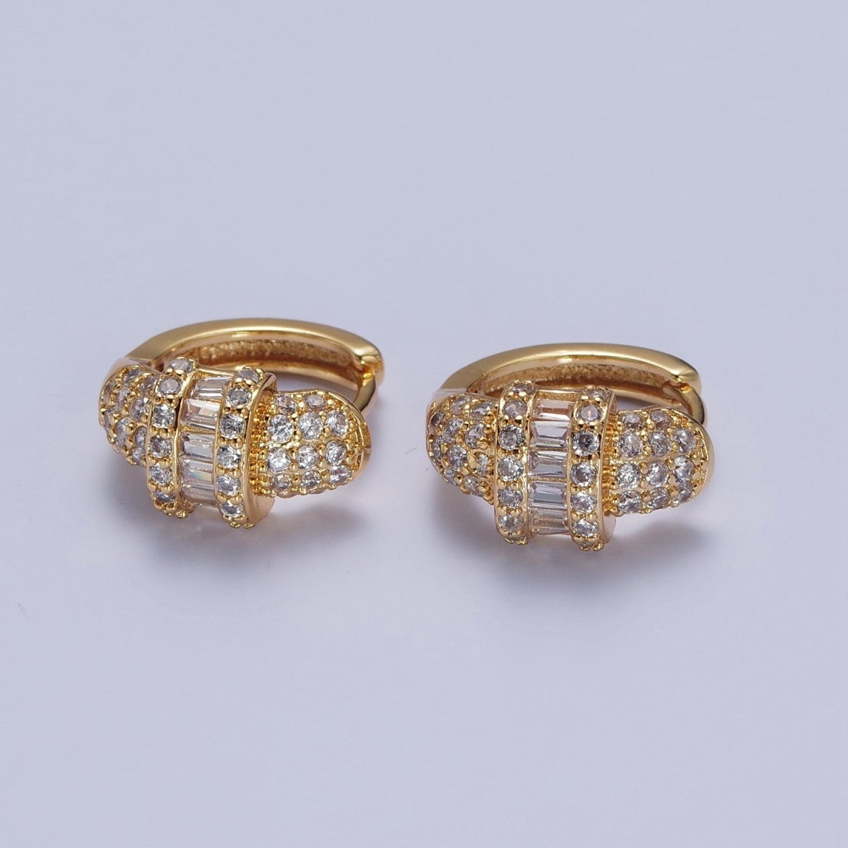16K Gold plated Micro Paved Baguette Center Statement Huggie Hoop Earrings | X-847 - DLUXCA