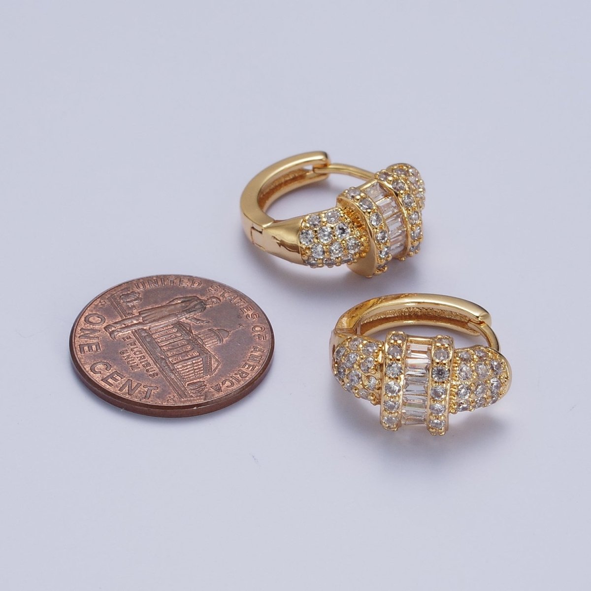 16K Gold plated Micro Paved Baguette Center Statement Huggie Hoop Earrings | X-847 - DLUXCA