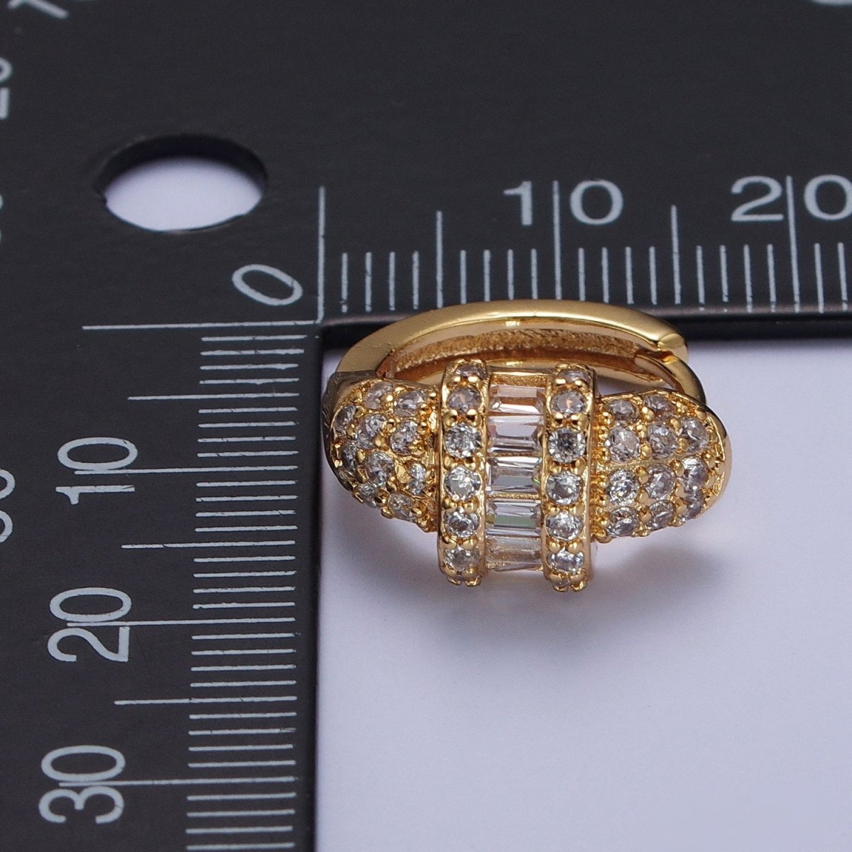 16K Gold plated Micro Paved Baguette Center Statement Huggie Hoop Earrings | X-847 - DLUXCA