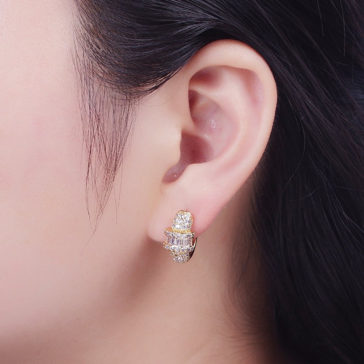 16K Gold plated Micro Paved Baguette Center Statement Huggie Hoop Earrings | X-847 - DLUXCA
