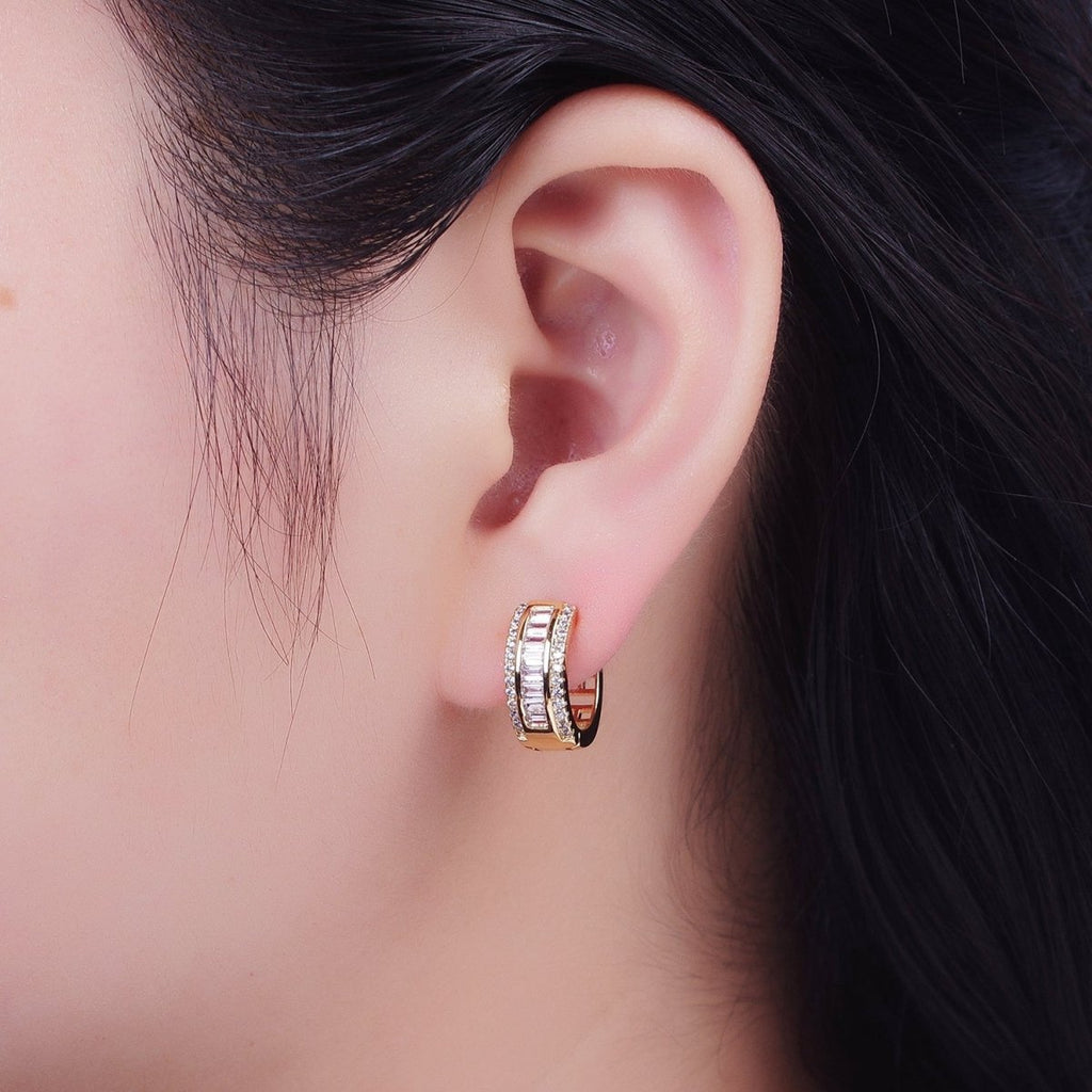 16K Gold plated Micro Paved Baguette Lined Cubic Zirconia Huggie Hoops Earrings | X-844 - DLUXCA