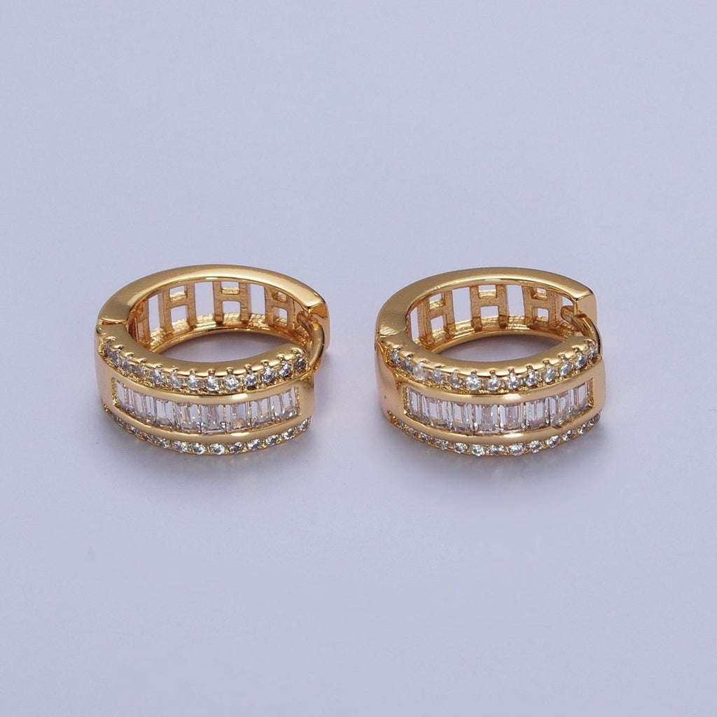 16K Gold plated Micro Paved Baguette Lined Cubic Zirconia Huggie Hoops Earrings | X-844 - DLUXCA