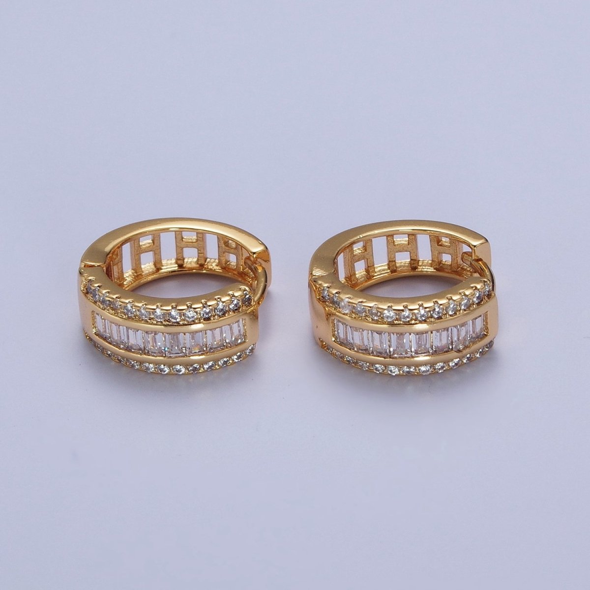 16K Gold plated Micro Paved Baguette Lined Cubic Zirconia Huggie Hoops Earrings | X-844 - DLUXCA