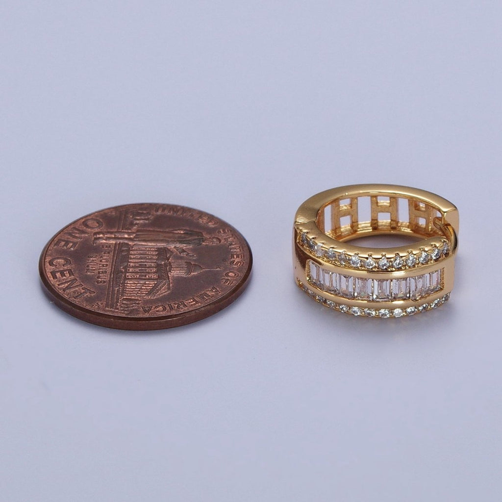 16K Gold plated Micro Paved Baguette Lined Cubic Zirconia Huggie Hoops Earrings | X-844 - DLUXCA